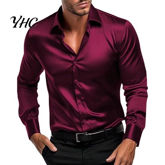 Men Solid Color Shirt Fall Spring Button-down Turn-down Collar Cardigan Long Sleeves Satin Slim Fit Sleeve Mid Length Casual Daily Wear Office