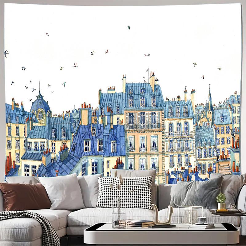 

Городской пейзаж Парижа Синие крыши Здания Птицы Небо Настенный гобелен Машинная стирка Всесезонная печать Европейский стиль Городской дизайн Дом 74x94cm(29x37in)