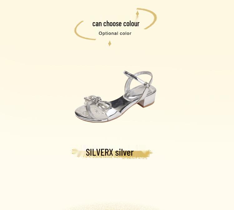2024 Silver Glitter Chunky Heel Sandals with Bow and Pearl Strap - Women's High-End Rhinestone Shoes