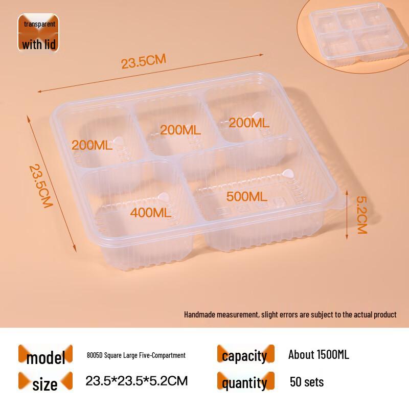 

Disposable 5-Compartment Meal Prep Containers, 1500ml, 50-Pack