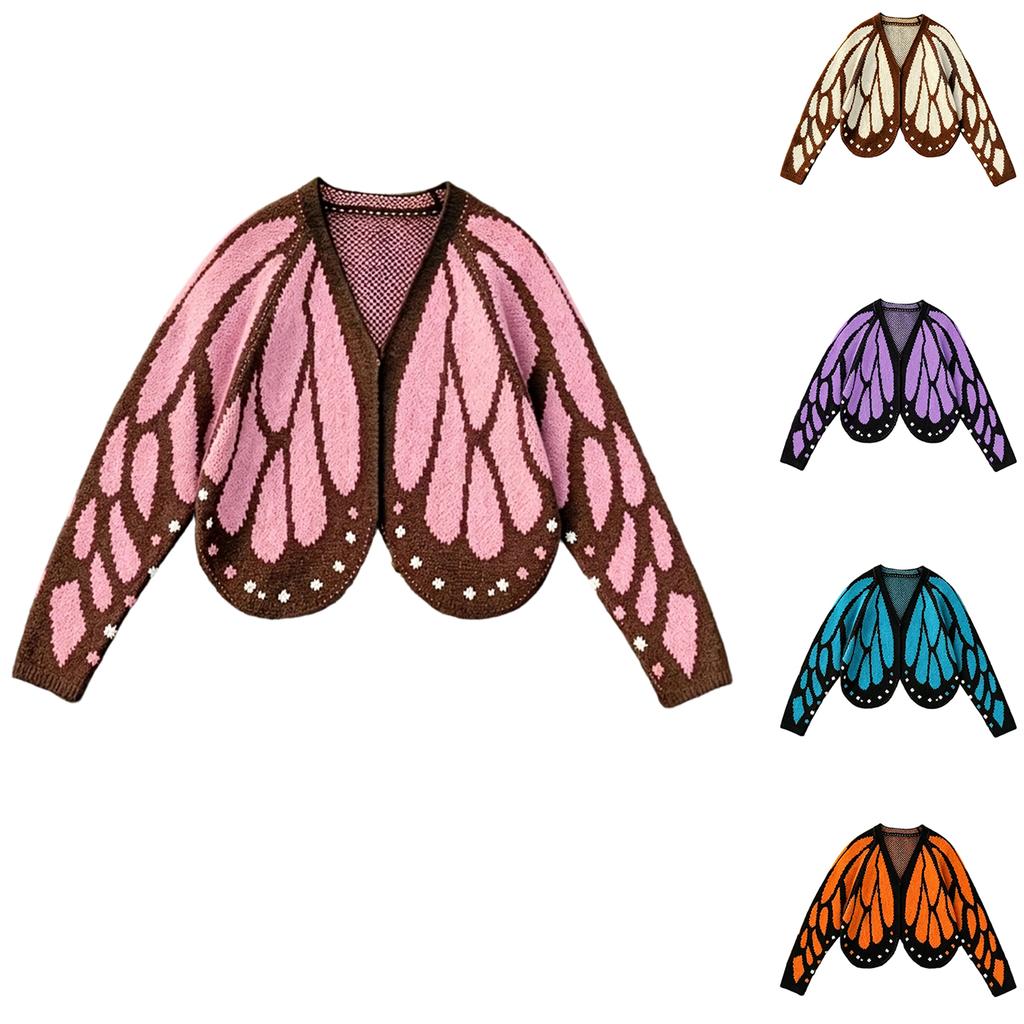 Women's Butterfly Colorblock Knit Cardigan with Sleeves - Loose Fit Casual Sweater for Fall and Winter