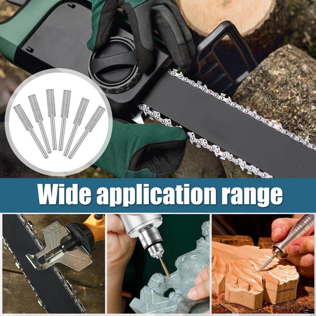 6pcs Diamond Coated Cylindrical Burr 4mm Chainsaw Sharpener Stone File Chain Sharpening Carving Grinding Polishing Tools Kits