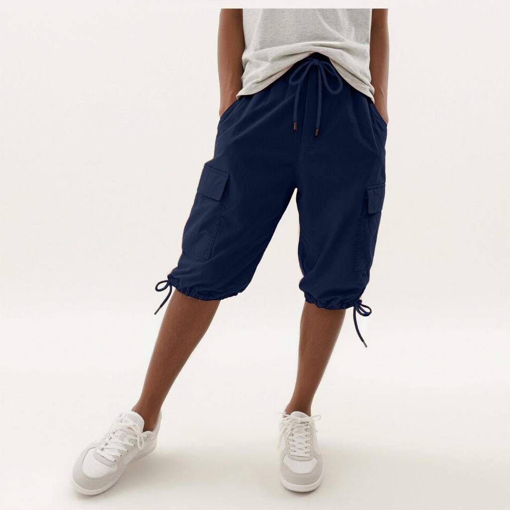Womens Shorts Knee Length Linen Elastic Waist Drawstring Shorts Summer Pants With Pockets
