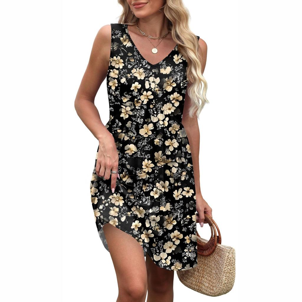 Damen V-Ausschnitt Lässig Strandurlaub Stil Vintage Einfarbig Ärmellos Splicing Kleider