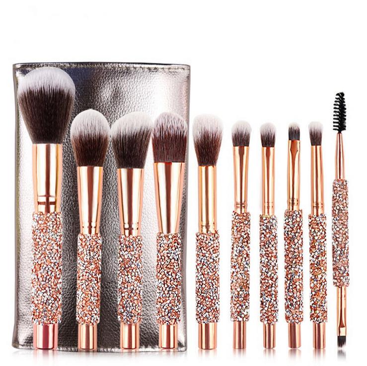 HMU Rubber Handle 10pcs Beautiful Rhinestone Elegant Glitter Bling Make up Brush With Case