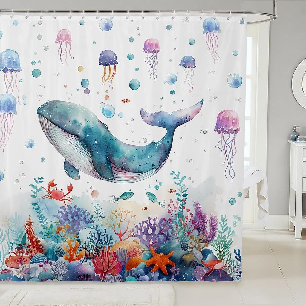 Kreskówka Śmieszne Zwierzę Zasłona Prysznicowa Odważny Kot Jadący na Rekinie Zasłona Prysznicowa Dzieci Chłopcy Dziewczynki Fala Oceaniczna Styl Japoński Wystrój Wieloryb