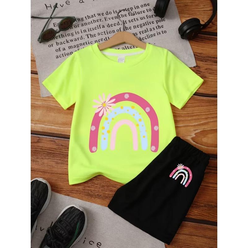 Summer Children's Fun Rainbow Graphic T-Shirt Set Crew Neck Short Sleeves + Elastic Waist Shorts 2PCS Set Casual Girls Clothing