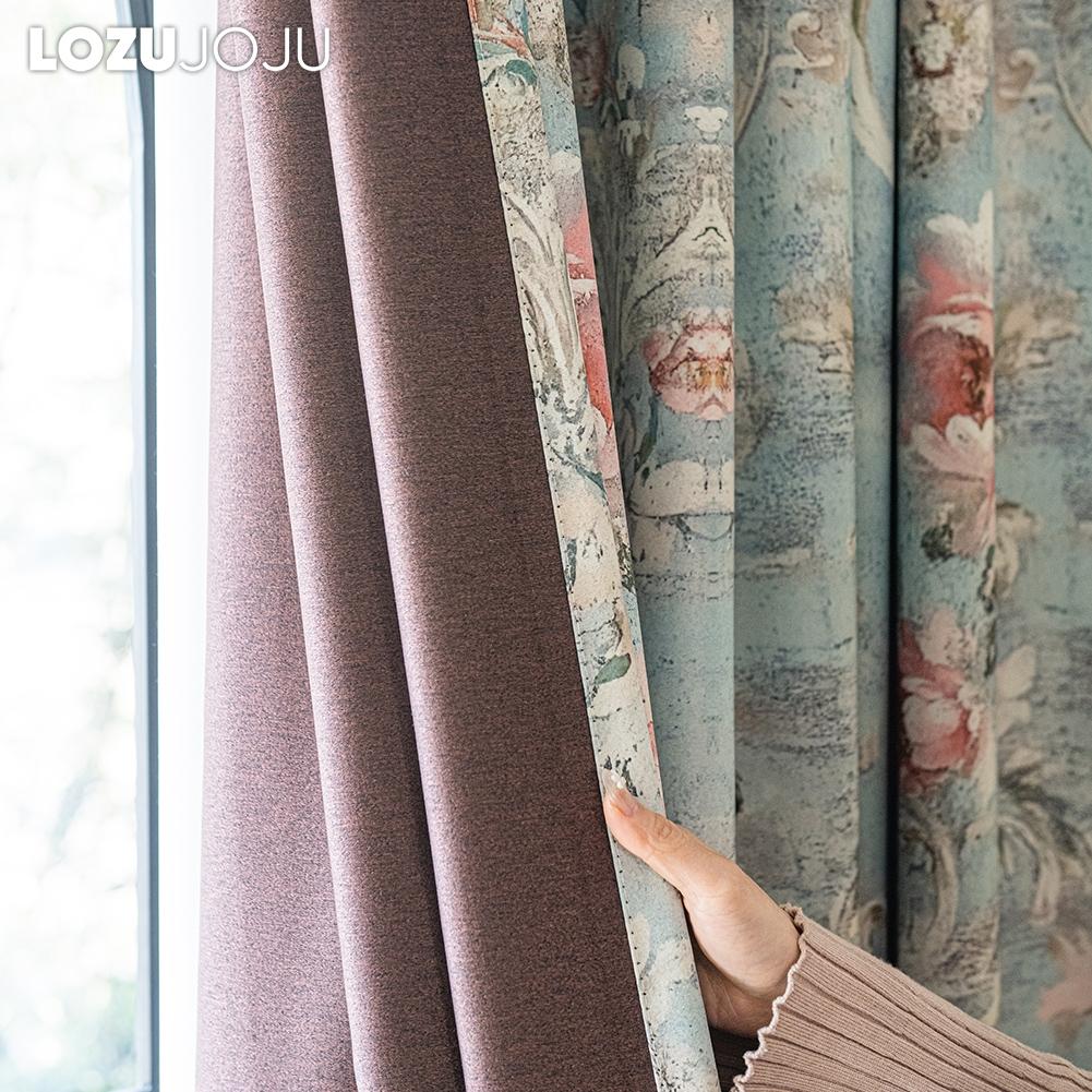 1PC LOZUJOJU French Idyllic Style Blackout Curtains Blue Bottom Peony Print Curtains Thick Curtains for Bedroom Living Room Window for Home Decor