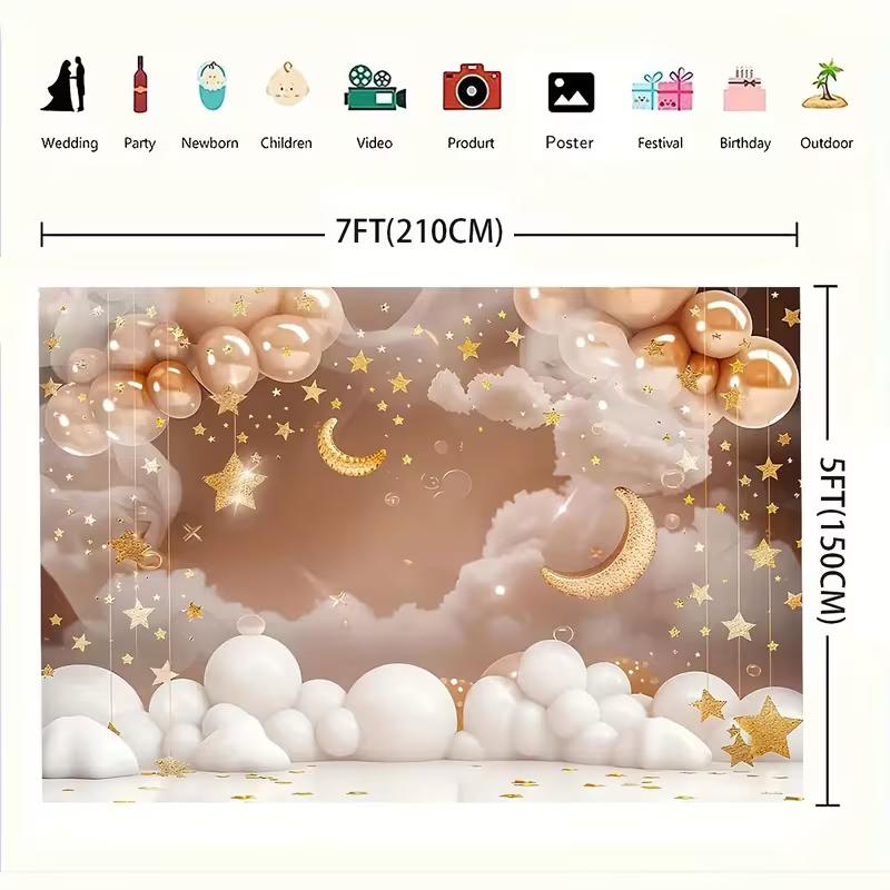 2D Moon and Stars Baby Shower Backdrop Neutral Cloud Balloon Photography Background