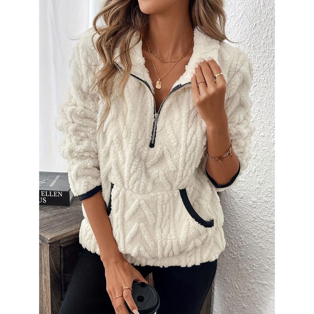 Herbst und Winter neu Revers Jacquard Halbreißverschluss Plüschtasche Damen Sweatshirt