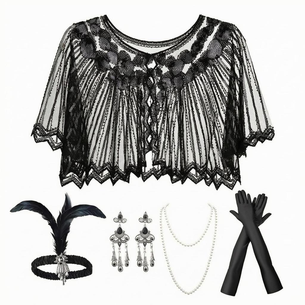 5 Pieces Great West Egg Shawl | 1920s Costume Set with Gloves, Sparkling, for