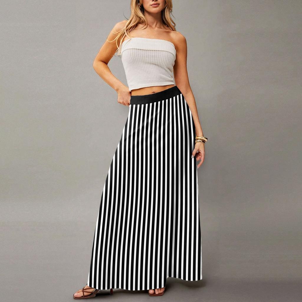 Women's Casual Leisure Foldable Striped Plaid Print High Waist With Pocket Draped  Relaxed Long Maxi Skirt