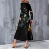 Women Plus Size V Neck Long Sleeve Butterfly Printed Black A Line Midi Dress With Pockets
