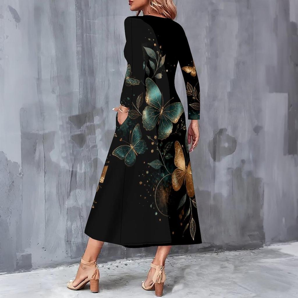 Women Plus Size V Neck Long Sleeve Butterfly Printed Black A Line Midi Dress With Pockets