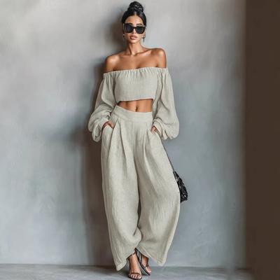 Spot European and American Shoulder-spilling Tops and Wide-leg Pants Two-piece Set Summer Loose Vacation Style Women's Clothing Summer Vacation Style