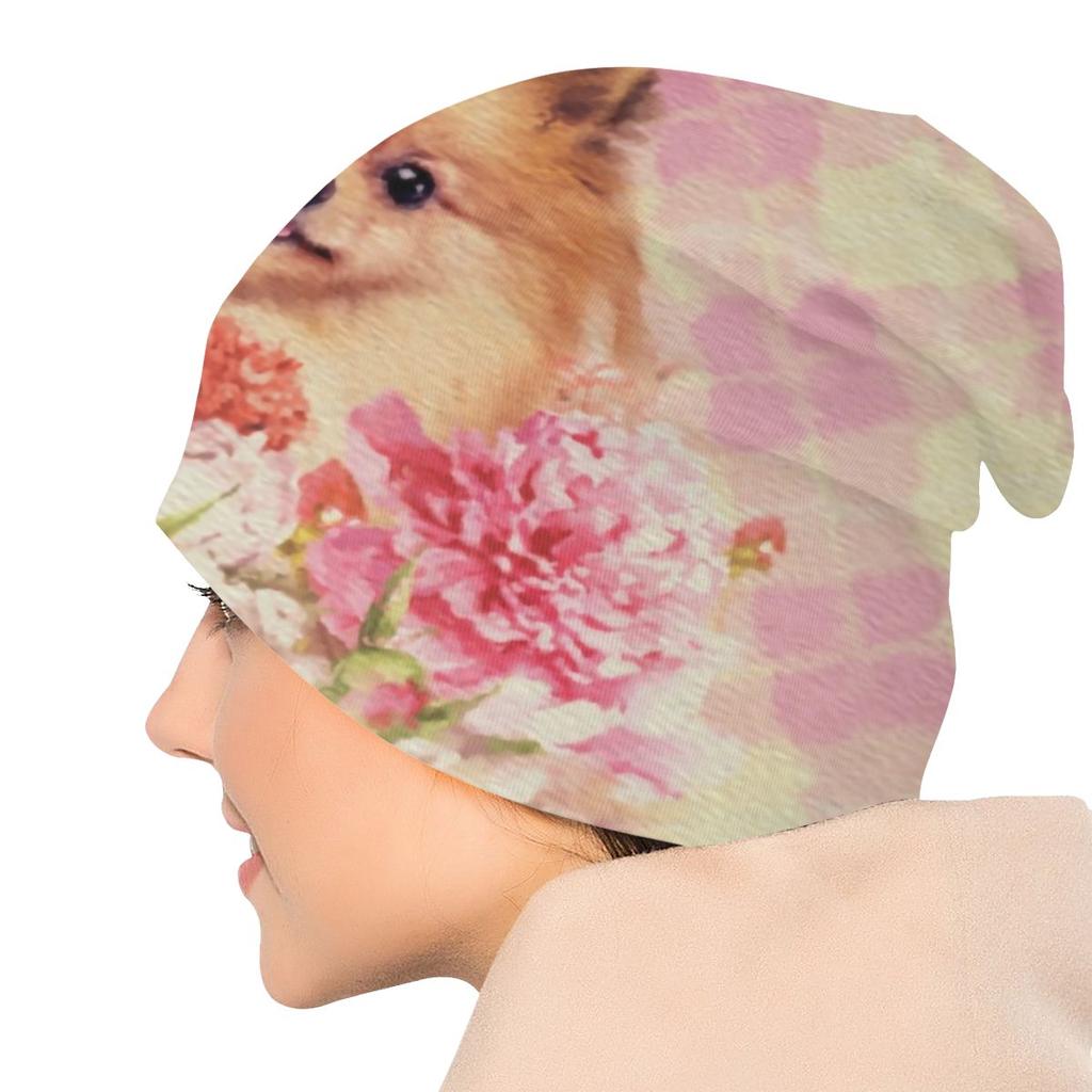 Winter Warmer süßer Pomeranian Deutscher Spitz mit Blumen Motorhaube Femme Beanie Mütze Hippie Haustier Hund Outdoor Ski Skullies Beanies Cap