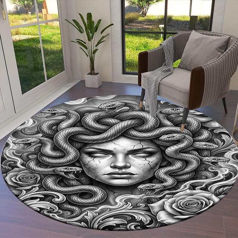 Sketch Medusa Whale Dragon Round Area Rug,Carpet Rug for Living Room Bedroom Sofa Playroom Decor,Non-slip Floor Mat