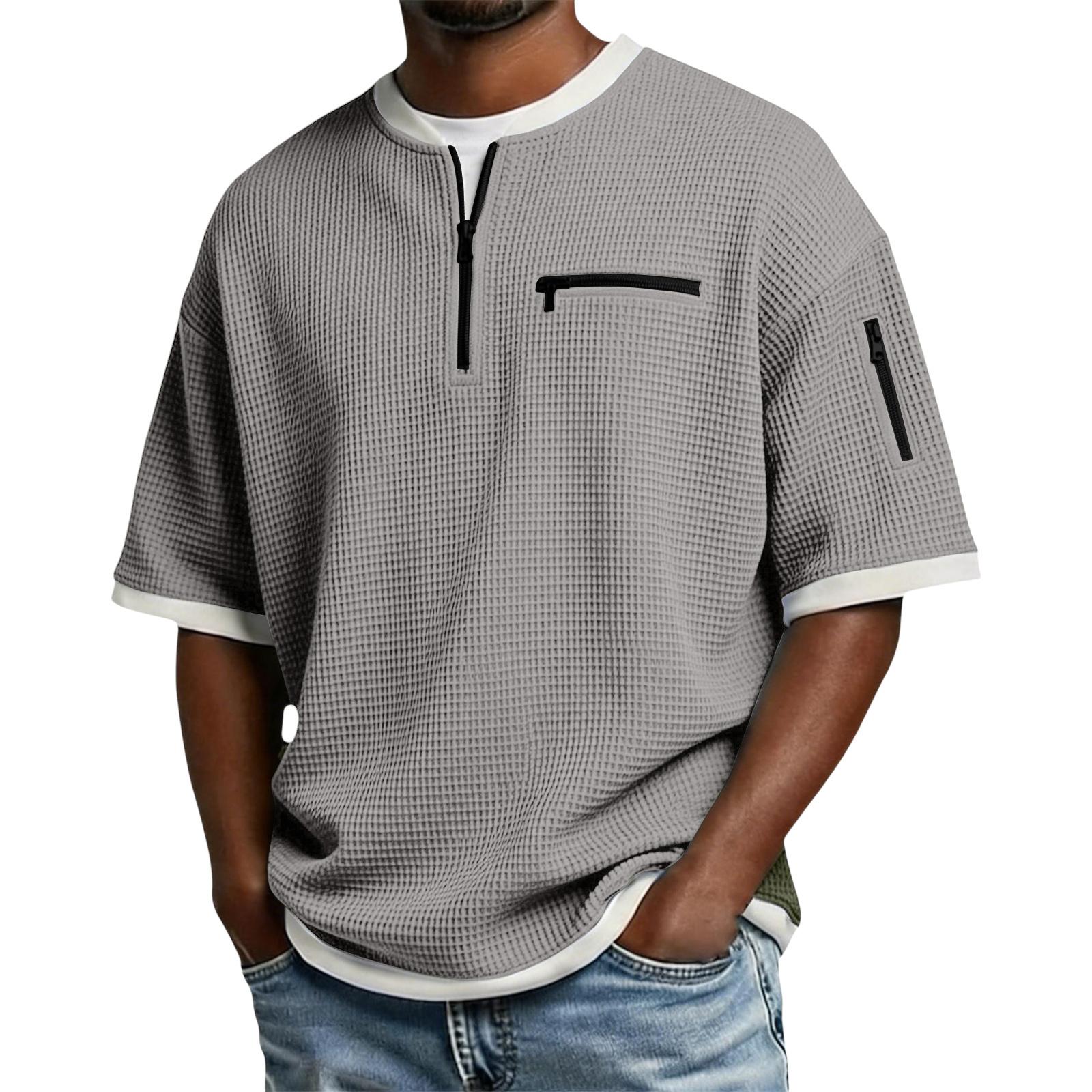 Men s Casual -Weave Zipper-Collar Lightweight Breathable Short-Sleeve Top XXL