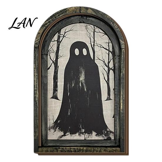 Vertical Wooden Sign Pendant Halloween Vintage Arch Sign, Gothic Spooky Ghost Wall Hanging Decor Dark Floral Print with Bracket, Rustic Aesthetic Home