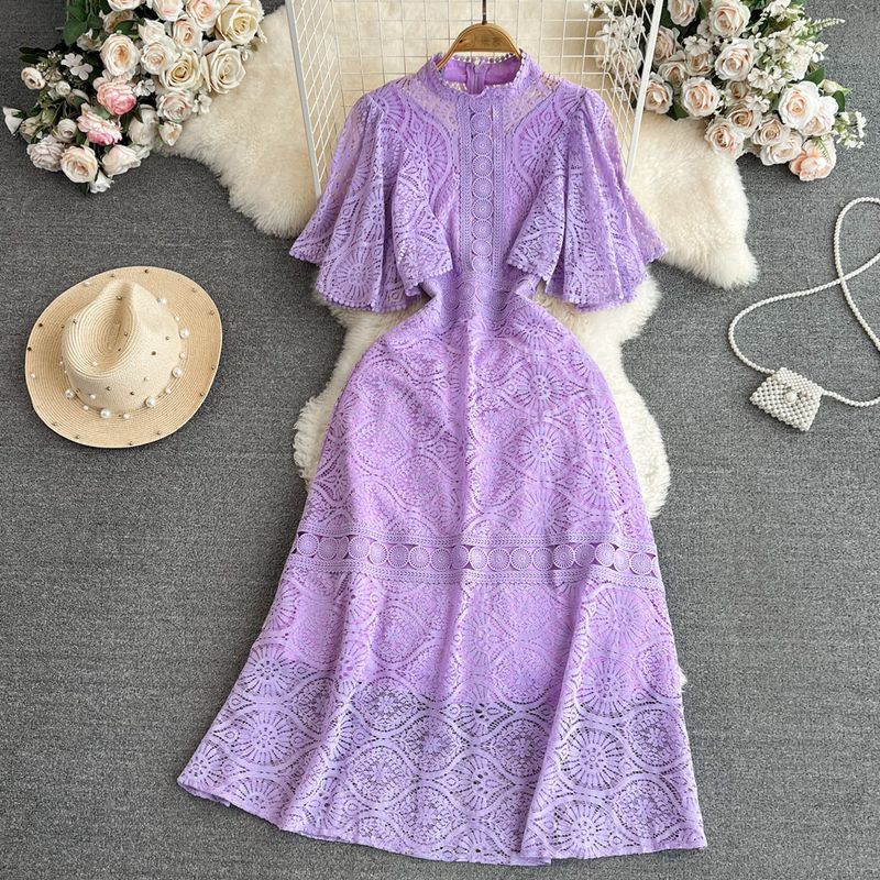 

Retro Stand Collar Lace Dress Elegance Large Swing Hook Flower Purple M