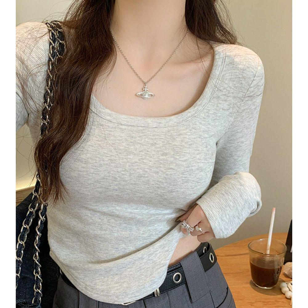 

Women s Sweet & Spicy Slim-fit Cropped U-neck Long-sleeve T-shirt for Spring & Autumn L світло-сірий колір