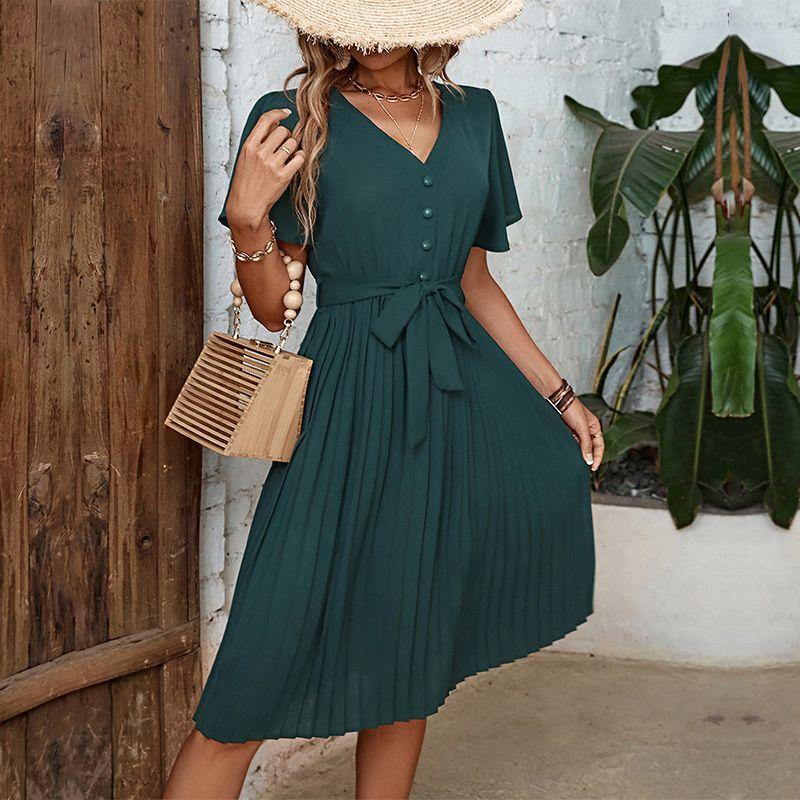 

Summer Dresses Women Retro Elegant Ladies Skirt Pleated Female Dress Dark green XL