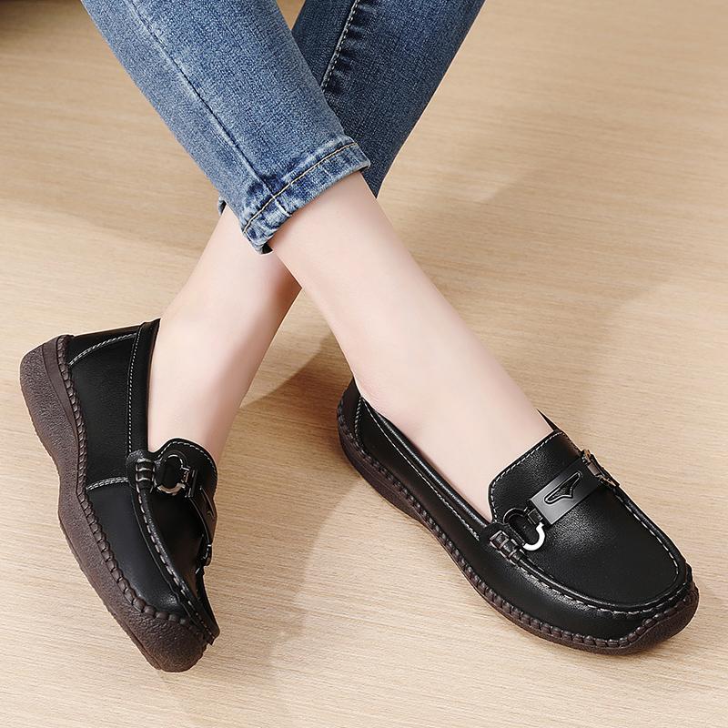 Einfache Damen Leder Loafer Fahr-Mokassins Bequeme Flache Schuhe Schwarz Lässige Slip-Ons Große Größen Schwarz Business Büroschuhe