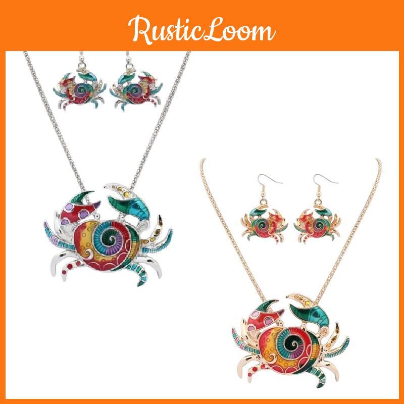 Trendy Spring Summer Crab Necklace And Earring Set With Colorful Drip Oil Finish
