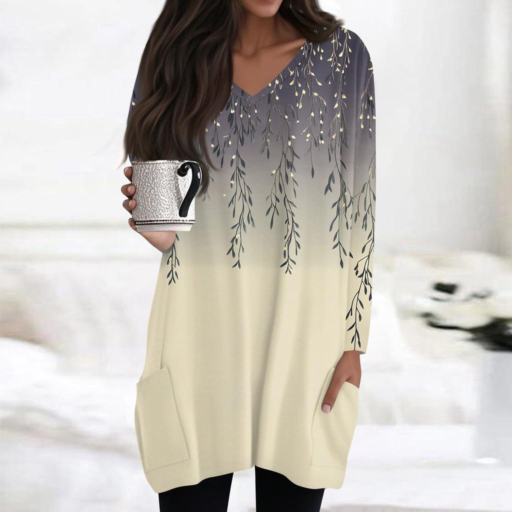 Damen Oberteile V-Ausschnitt Langarm Blusen Lässige Mittellange Hemden Mode Druck Tunika Oberteile Mit Taschen