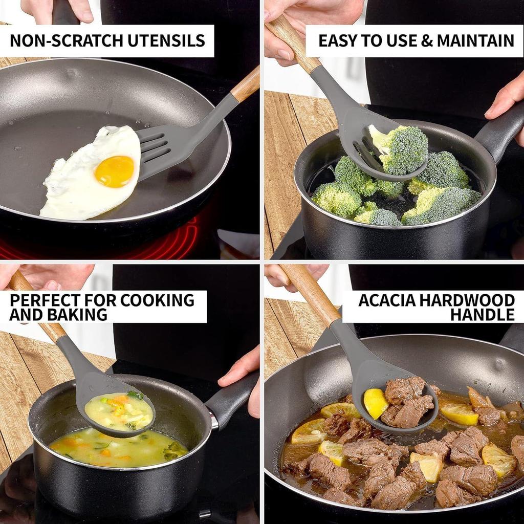 Silicone Kitchen Cooking Utensils Set, 5 Pcs Non-Stick Heat Resistant Wooden Handle (Grey, 5)