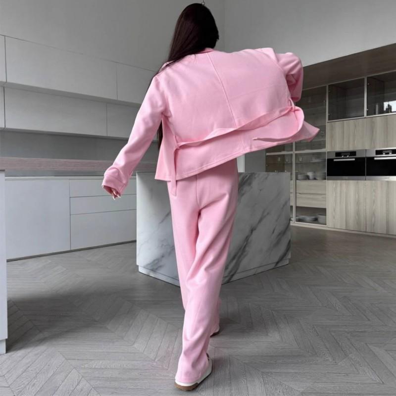 Womens Cotton Blend Casual Two-Piece Set Long Sleeve Button-Up Top With Drawstring Waist Wide Leg Pants