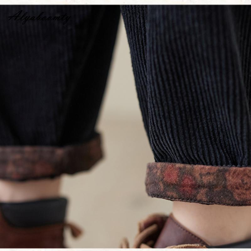 Korean Fashion Herbst Frühling Frauen Harem Hosen Hohe Taille Schwarz Khaki Beiläufige Lose Hosen Vintage Patchwork Baumwolle Cord Capris