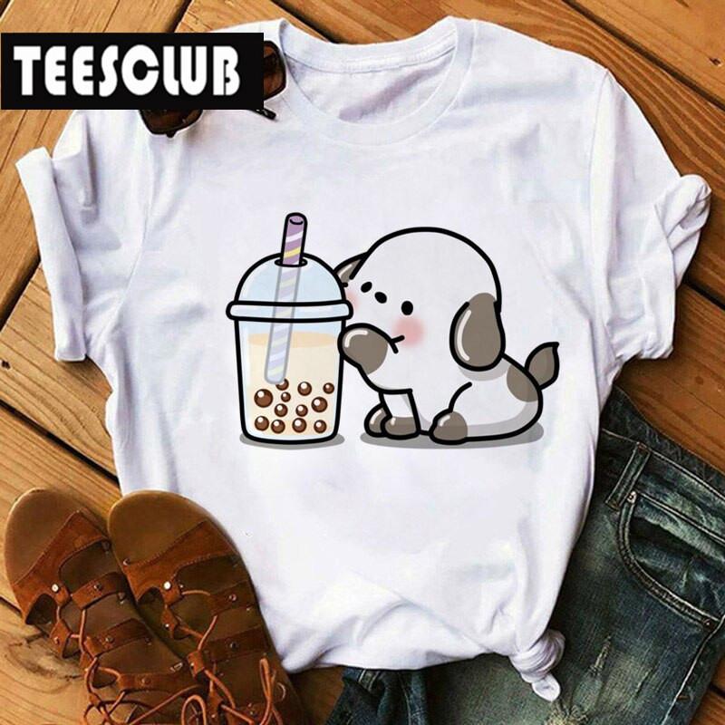 Milk Tea Cat Print Bubble Tea Animal TShirt Unisex Couple Trendy Personalized Womens Clothing Soft Cotton Short Sleeve Tshirt