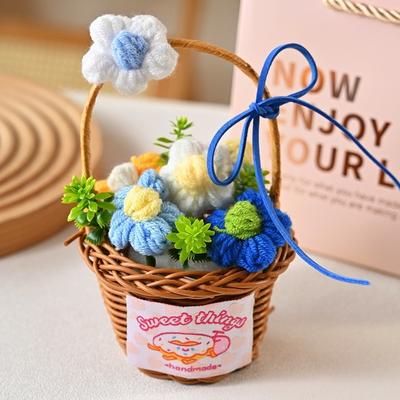 Cute Home Decor Crochet Flower Bouquet Gift Handmade Decorative Potted Plant Knitted Flower Basket Birthday