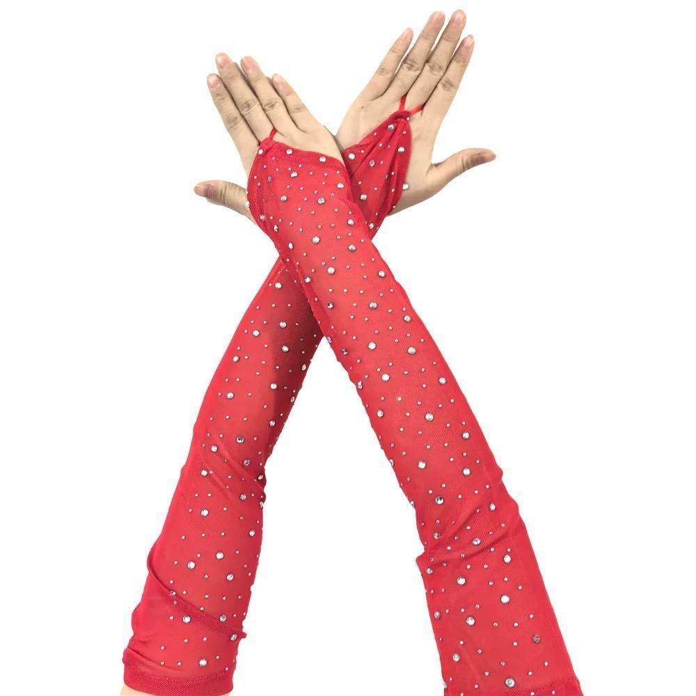 

1 Pair Rhinestone Fingerless Gloves Breathable Sunscreen Arm Sleeves Shiny Mesh Gloves Women