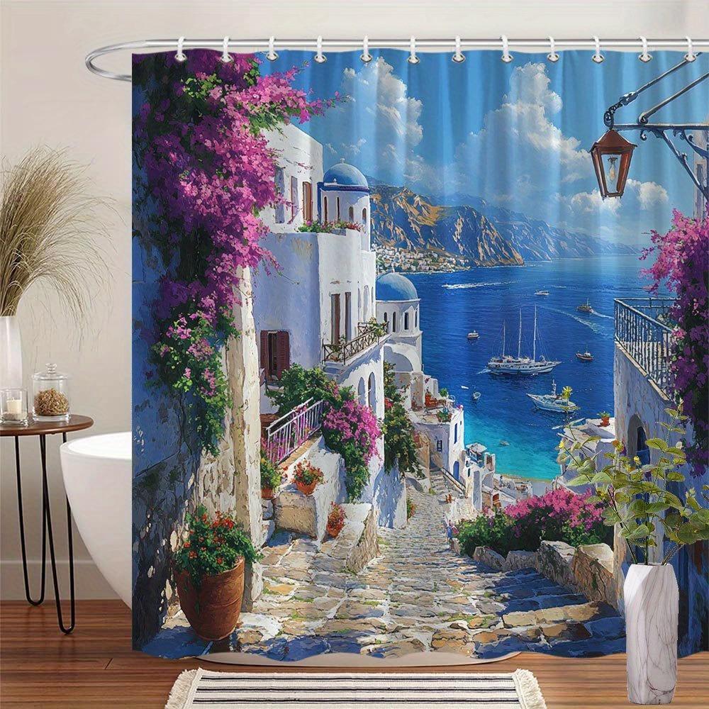 

Peaceful Mediterranean Landscape Shower Curtain Washable Dirt-Resistant Shower Head Waterproof Polyester Bath Curtain W60H190(CM)-1 Pcs
