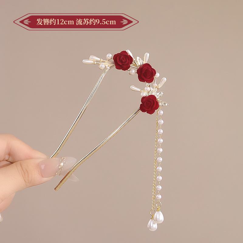 Vintage Chinese Style Rose Hairpin For Women Red Flower Element Tassel Hair Stick Elegant Exquisite Handmade Hair Accessories