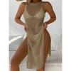 Sexy White Sleeveless Stacked Knitted Hollow High Slit Vest Dress Beach Sun Protection Bikini Cover-up Women