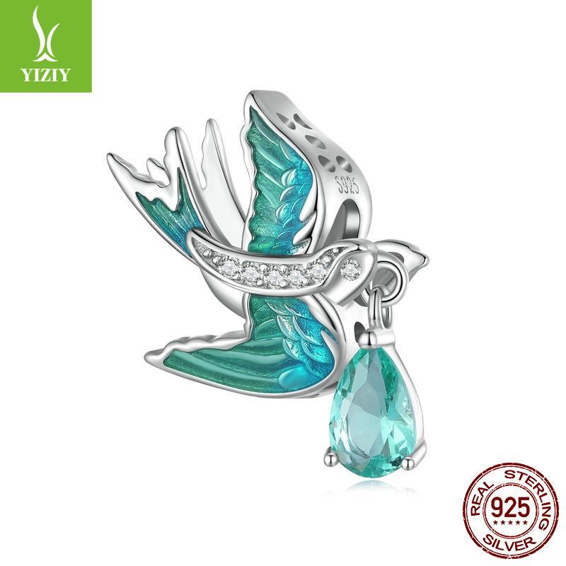 925 Silver Beads Creative Blue-Green Bird Butterfly Insect Spring Series Diy Beaded Bracelet Accessories