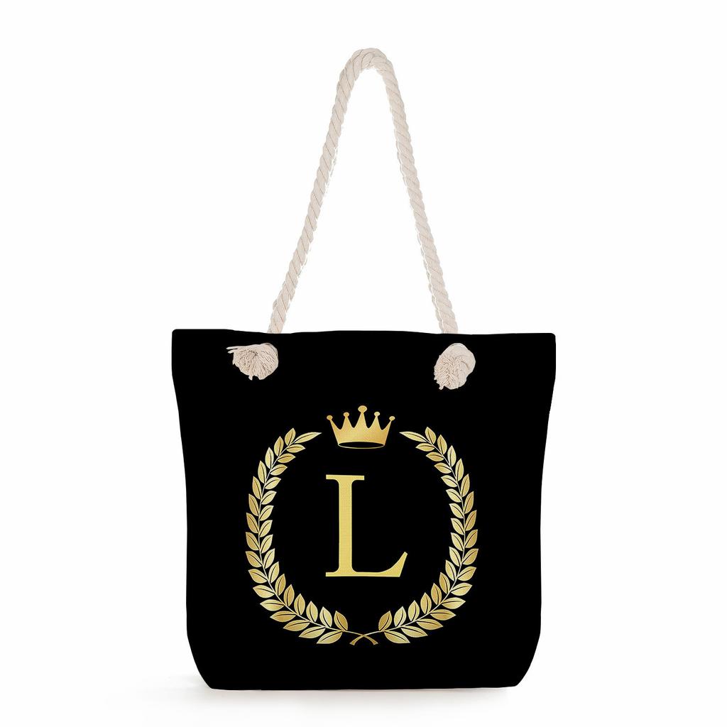 Black letters on a black background print thick rope single-shoulder beach bag 7289 CLE