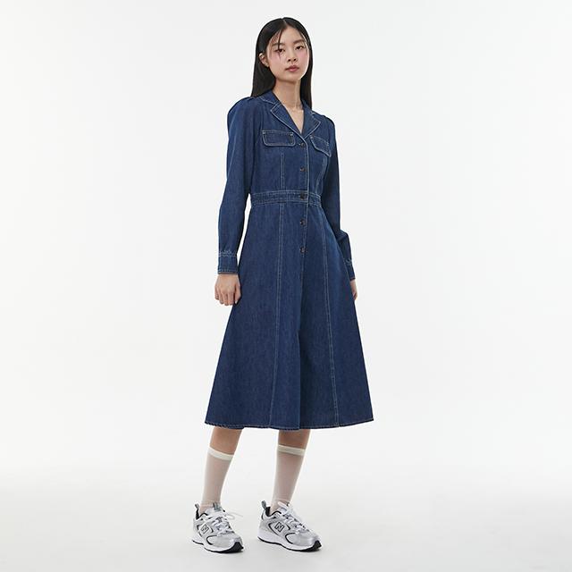 LAP Open Collar Pocket Line Long Denim Dress Aq1Do261