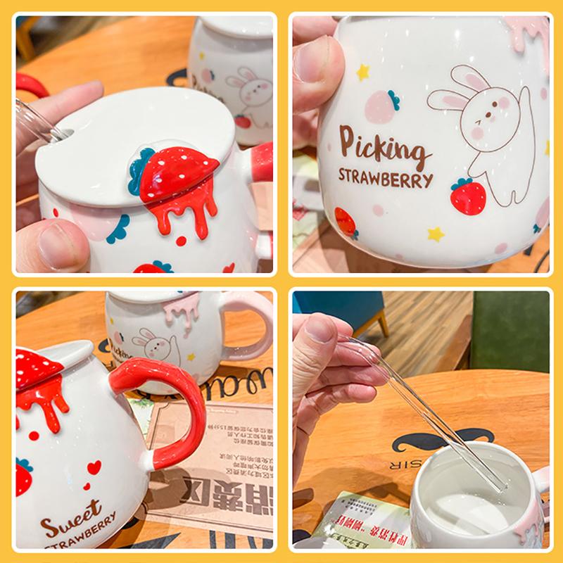 Cute Rabbit Strawberry Mug Straw Coffee Cup Mug for Tea Mugs Funny Cups and Mugs Drinkware Kitchen Dining Bar Home Garden
