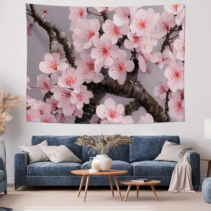 Pink Cherry Blossom Fabric Tapestry for Bedroom Living Room Wall Decoration