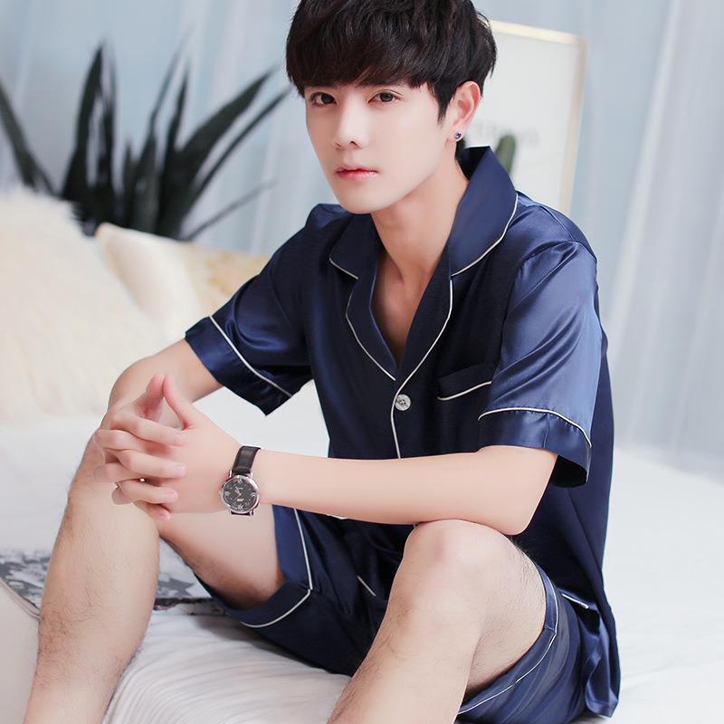 Ice Silk Pajamas Men's Summer Thin Short-Sleeved Shorts Simulation Silk Loose Youth Fashion Cool Pajamas Home Wear Su