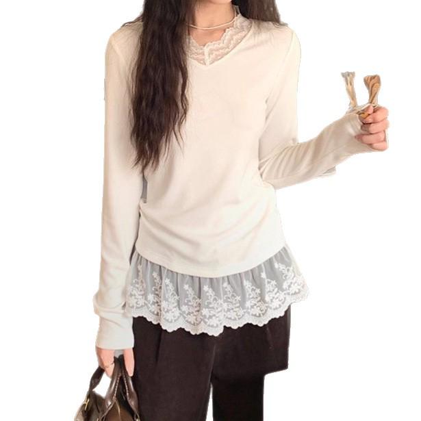 

Velvet Lace Base Layer Top - Women s 2025 Style, Elegant Long Sleeve for Autumn/Winter Medium