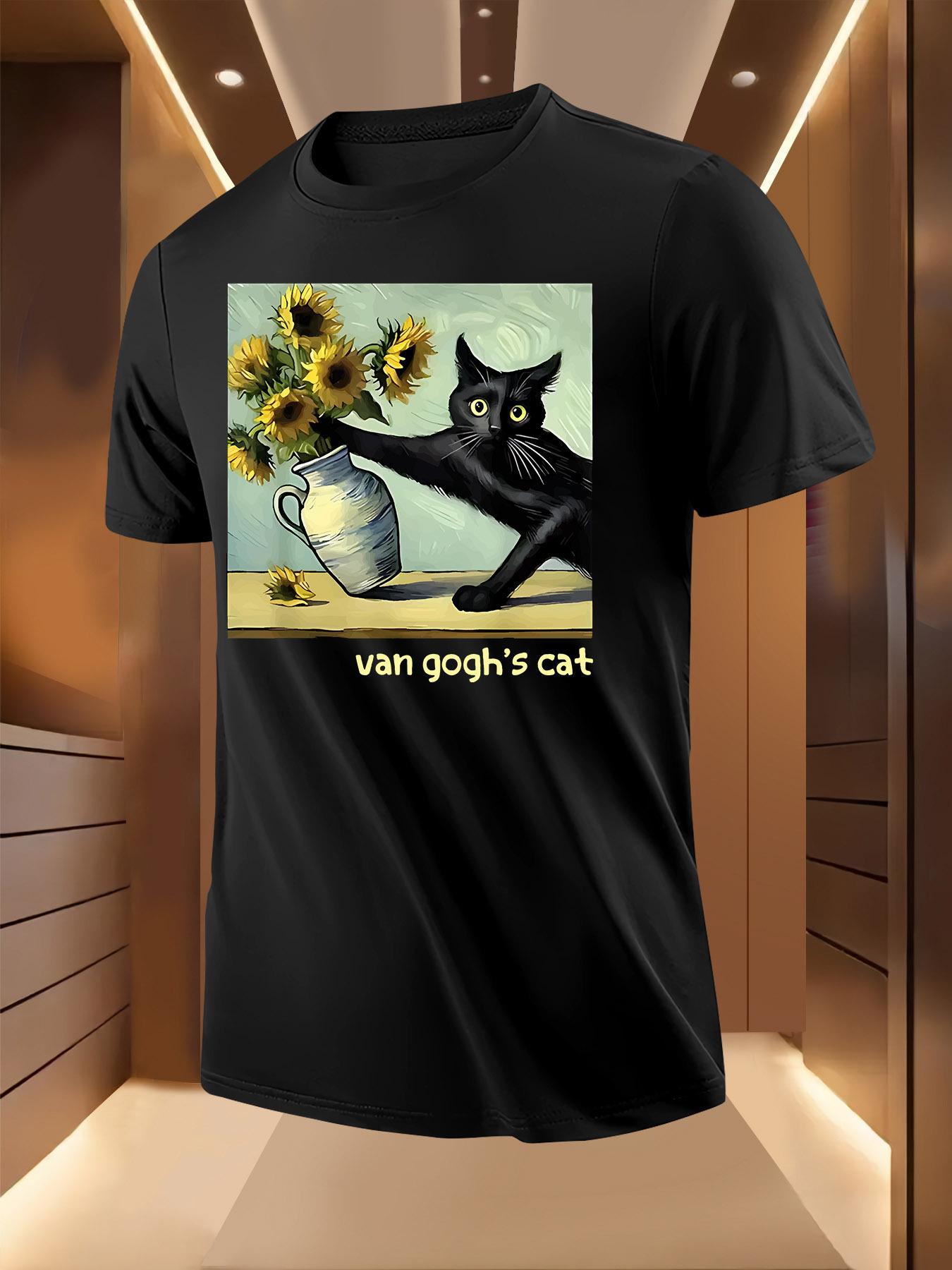 Van Gogh Starry Night Cat Sunflowers Art Print Tshirt - B... L