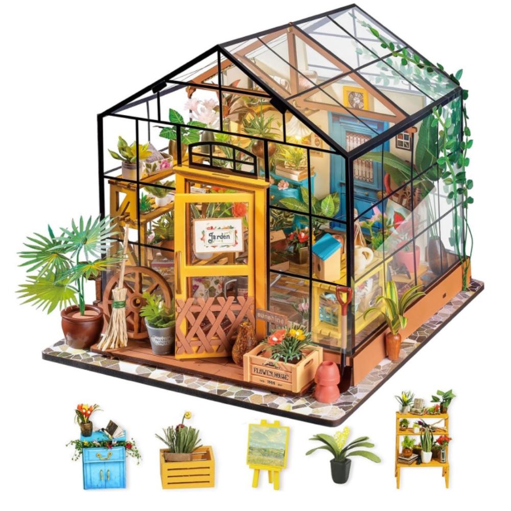 

Robotime Mini Green House Cathy s Flower House DIY Dollhouse Wooden Miniature Furniture Kit with LED Best Birthday Gifts