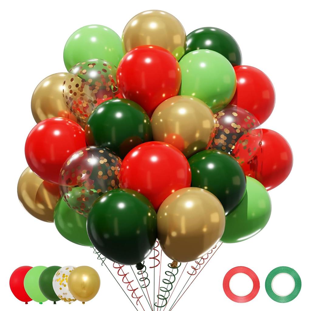 50pcs 12 inch red, green, white, metal, gold, confetti latex balloon kit for Christmas and birthday party decoration