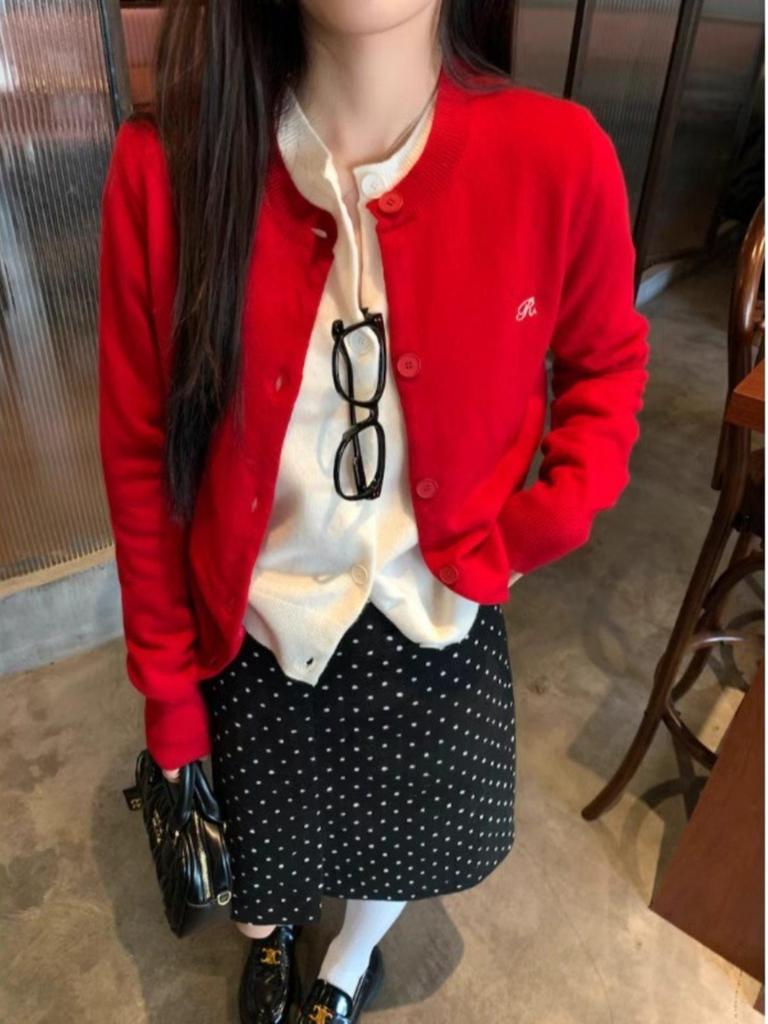 Women's Korean-Style Red Cardigan Sweater Coat - Loose Slimming Knit Top for Spring & Autumn 2025