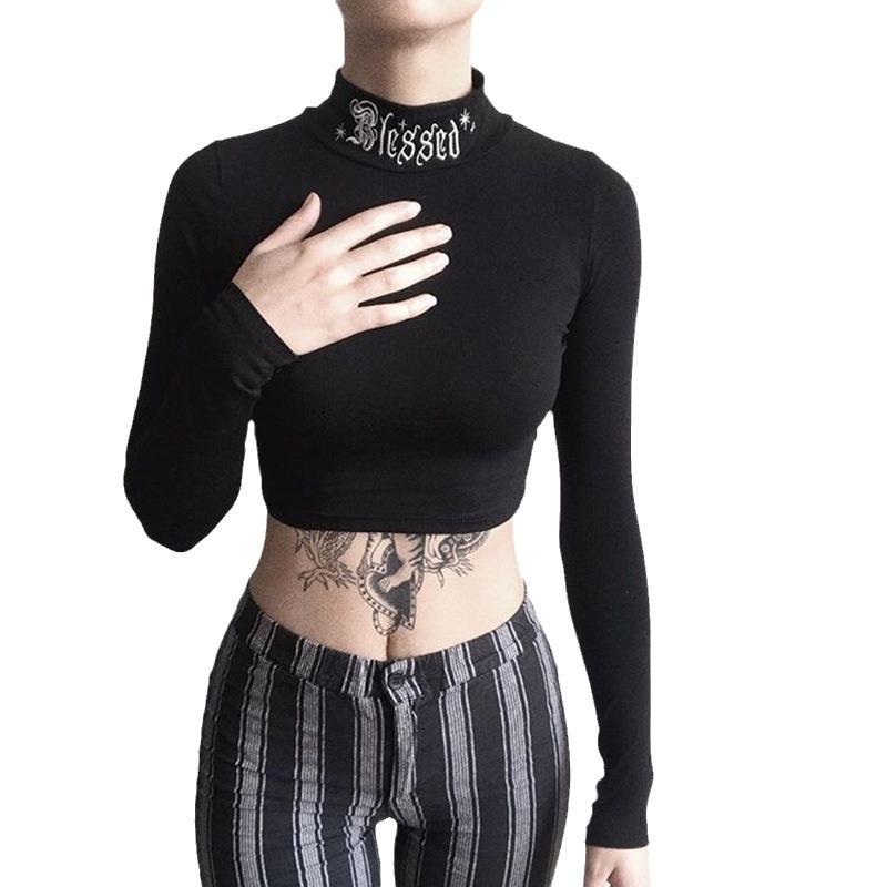 Women's Dark Style High-Neck Figure-Hugging Long-Sleeve Crop Top